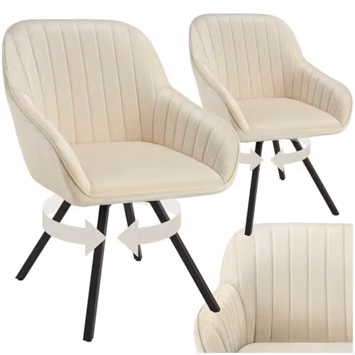 tectake Set of 2 Beige Velvet Swivel Armchairs with Metal Frame and Armrests – 1