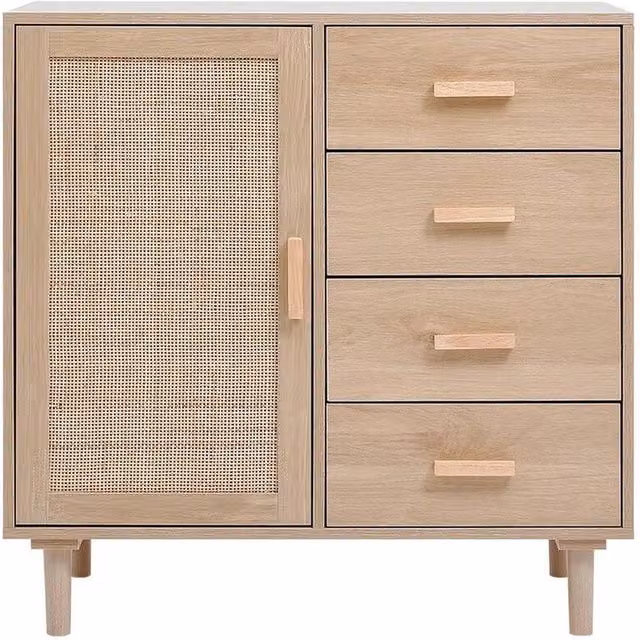 Kelvenix Rustic Pine Buffet Storage Cabinet with Rattan Decor in Natural Beige