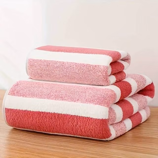 Dyzi Striped Quick Dry and Fluffy Bath and Hand Towel Set in Pink