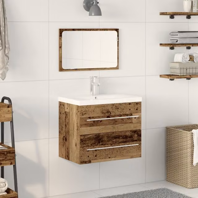 Berkfield Home Bathroom Sink Cabinet with Built-in Basin in Brown Old Wood, W/D/H: 60.0 x 38.5 x 48.0 cm – 1