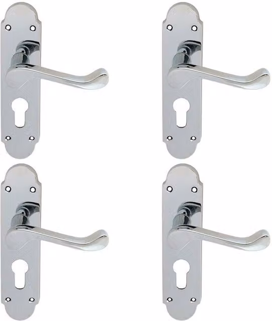 Loops 4x Pair Victorian Upturned Lever on Euro Lock Backplate, Polished Chrome, W: 170 mm, H: 42 mm