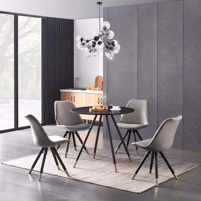 Life Interiors Sofia Dorchester Retro Dining Set with Round Table and 4 Chairs in Grey, Black and Gold