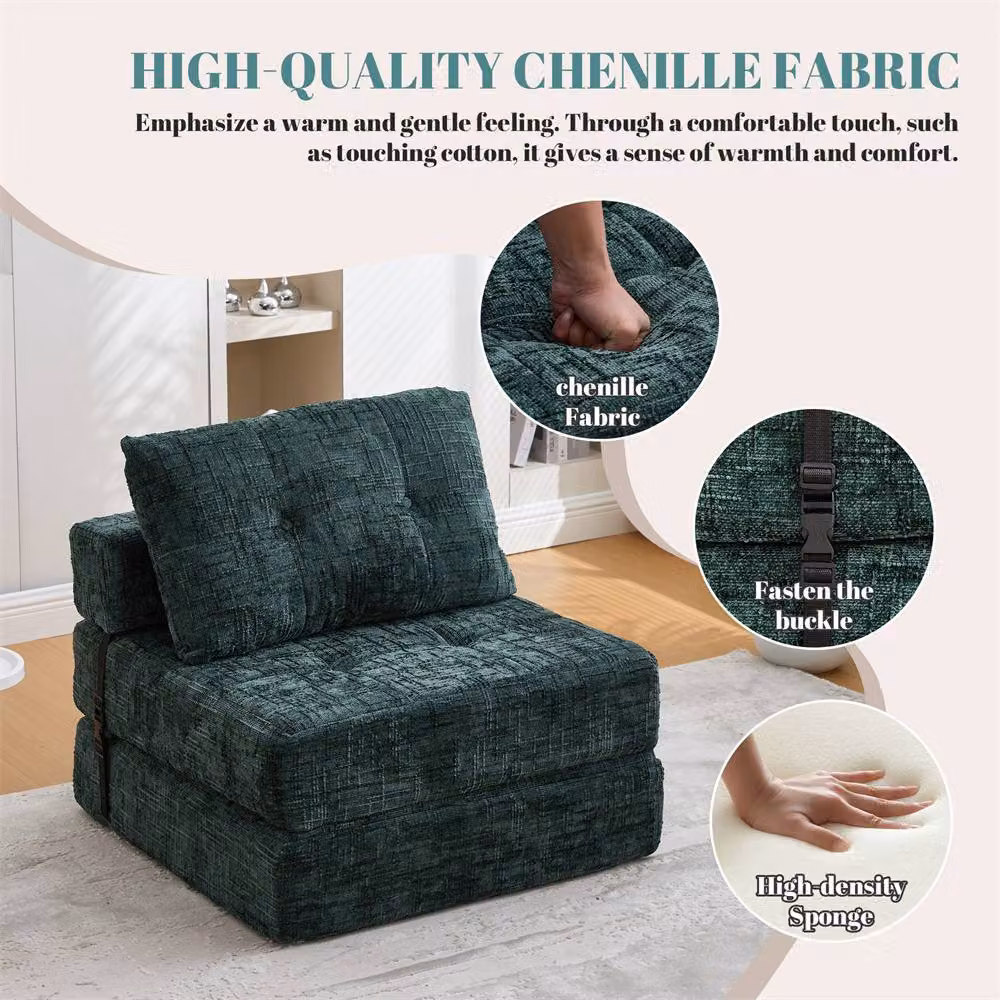 Direct Wicker Emerald Green Chenille Tufted Folding Sofa Bed with Pillow and Back Support – 5