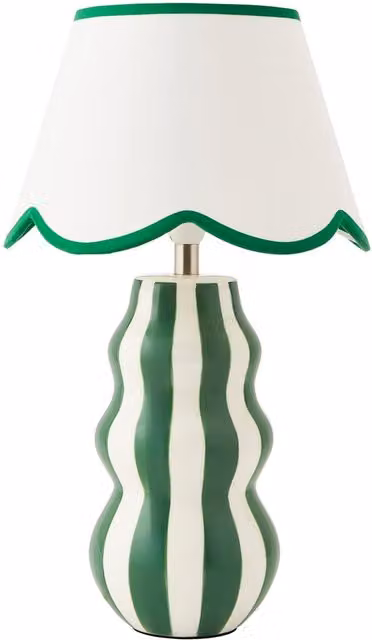 ValueLights Everie Green Stripe Ceramic Table Lamp with Scalloped Fabric Shade and Bulb – 1
