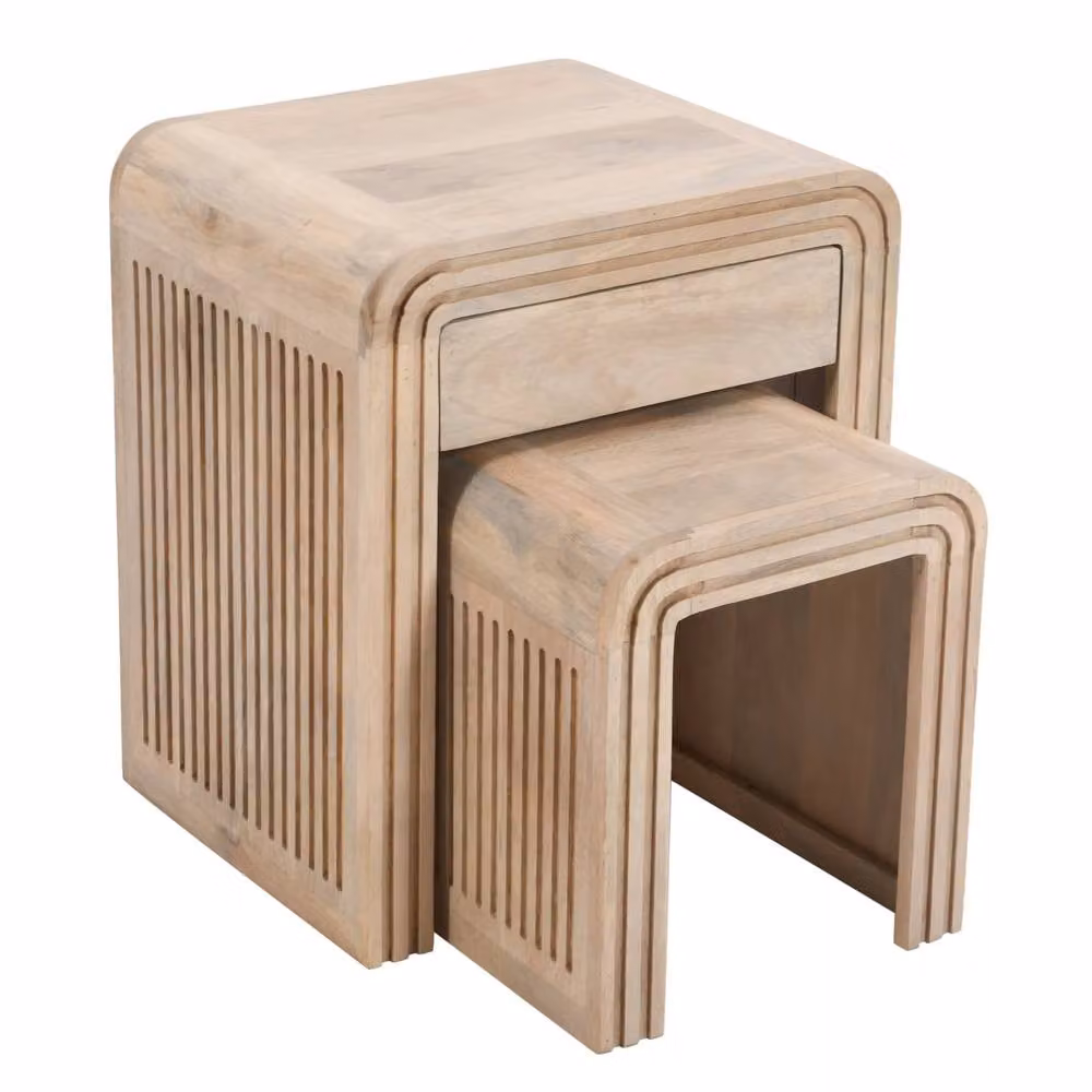 Wyld Haus Arizona Set of 2 Carved Mango Wood Nesting Tables with Drawer in Brown – 3