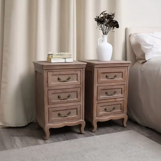 Melody Maison Hessian Range Pair of Solid Wood 3 Drawer Bedside Tables in Brown