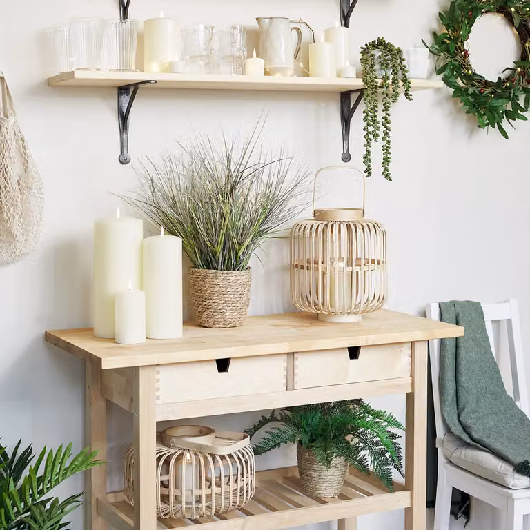 Lights4fun Spring Lighting Bundle with White Battery Operated Pillar Candles and Rattan Tabletop Decor