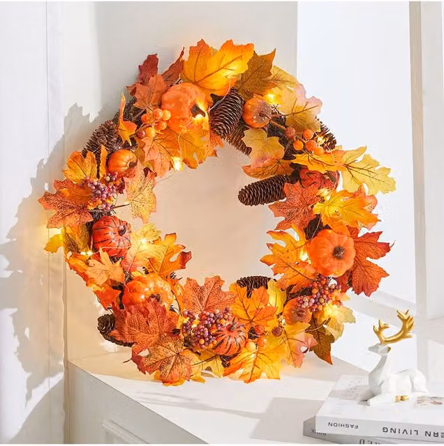 Living and Home Orange Pre-Lit Autumn Wreath with Maple Leaves and Pine Cones, Diameter: 60 cm