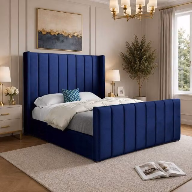 Casani Sherington Small Single Straight Winged Designer Bed Frame in Blue Soft Velvet