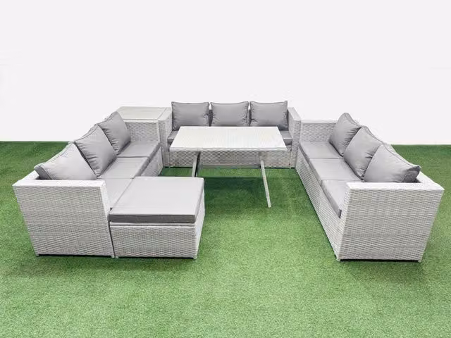 Fimous 10 Seat PE Rattan Garden Furniture Set with Side Table and Big Stool in Light Grey