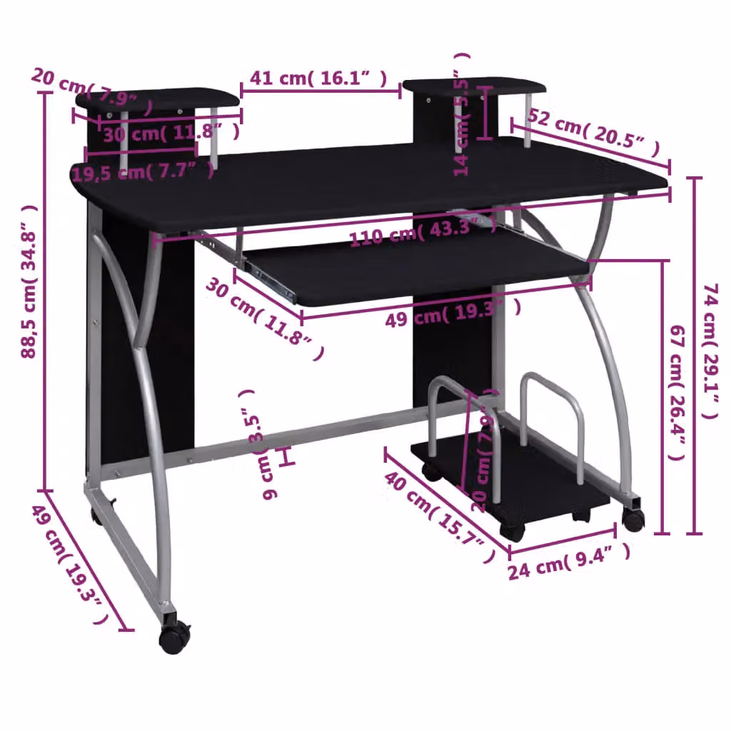 Berkfield Home Modern Black Computer Desk W/D/H: 110 x 52 x 88.5 cm – 4