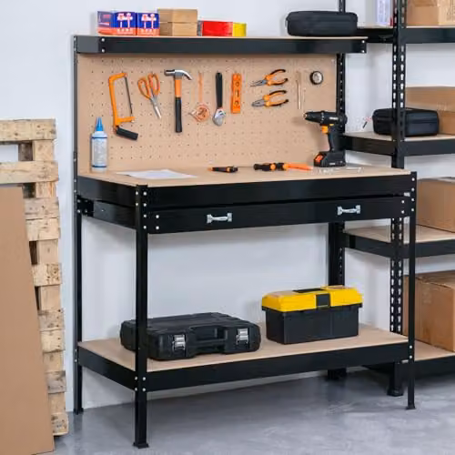 SwitZer Black Steel Garage Workbench with Drawers, Pegboard and Shelf – 2