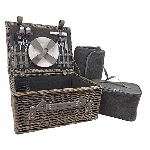 Red Hamper 2 Person Grey Tweed Wicker Picnic Basket with Wood Details