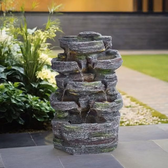 Breeins Grey Solar Powered Multi Tiered Rockery Cascade Fountain