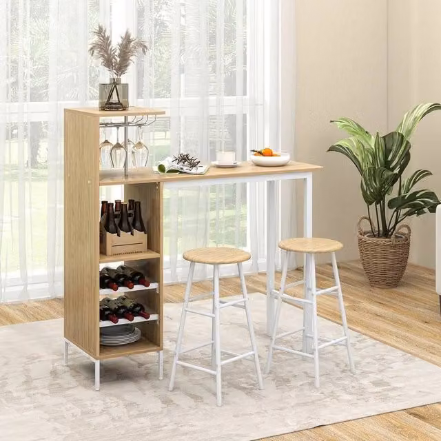 VOGREX 3-Piece Industrial Bar Dining Set with Rectangular Wood Table, 2 Stools and Wine Rack in Brown