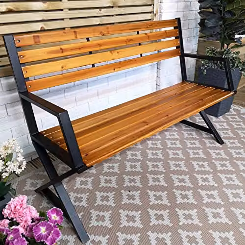 Samuel Alexander Kendal 2 Person Modern Cross Design Metal and Wood Garden Patio Bench in Brown and Black, W/D/H: 86 x 40 x 40 cm – 2