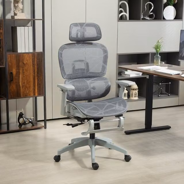HOMCOM Executive Office Chair in Grey with Ergonomic Fabric High Back, Headrest and Lumbar Support
