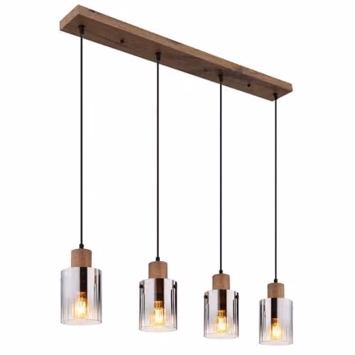 Globo Lighting Underwood Bar Pendant Light with Brown Wood and Smoky Glass, 4x E27, W/D/H: 120 x 40 x 12 cm
