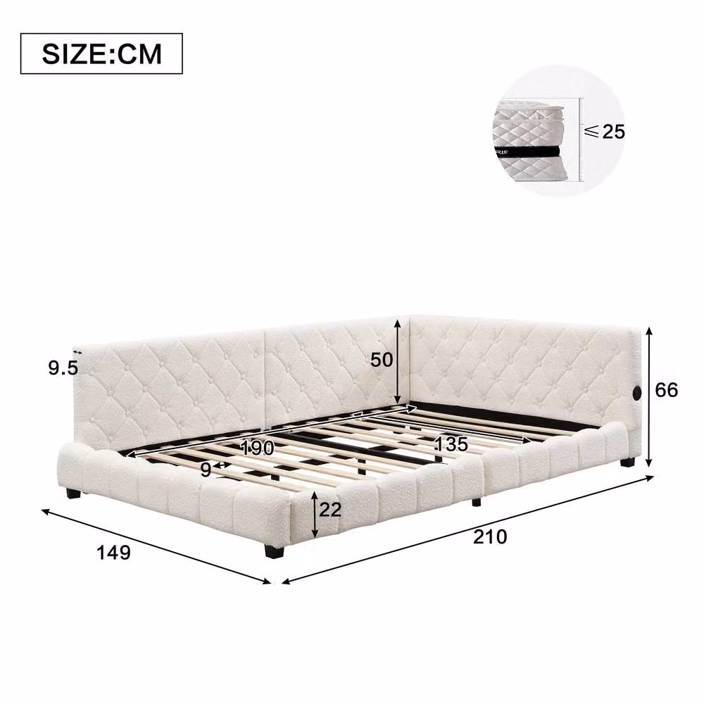 BTM Modern Upholstered Bouclé Bed in White with USB Charging Port, W/D/H: 140 x 200 x 104 cm – 2
