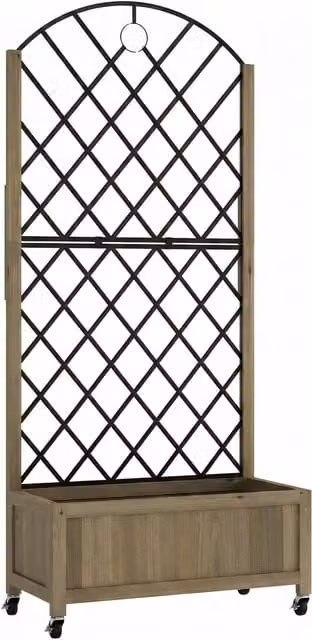 Outsunny Brown Carbonised Wood Raised Garden Bed with Metal Trellis and Lockable Wheels