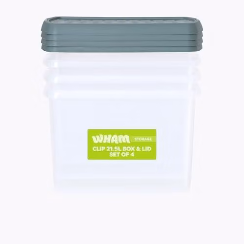 Wham 4 Pack Stackable Plastic Storage Boxes with Lids, 21.5L, Clear and Green – 1