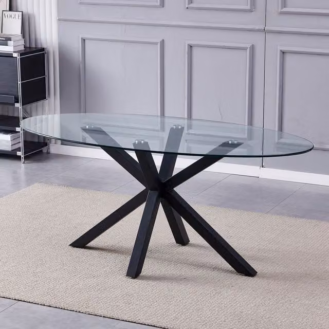 Artemis Home Orvino Modern Oval Glass Dining Table in Transparent and Black, W/D/H: 180 x 90 x 75 cm – 1