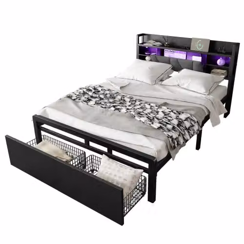 Matteo Black Metal Double Bed with Multi-Colour LED Strip Lights, USB Charging Port and Drawers, W/D/H: 140 x 200 cm – 5