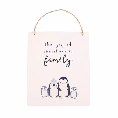 KDMD Joy of Christmas Penguin Family Hanging Sign in Beige and Multicolour Wood