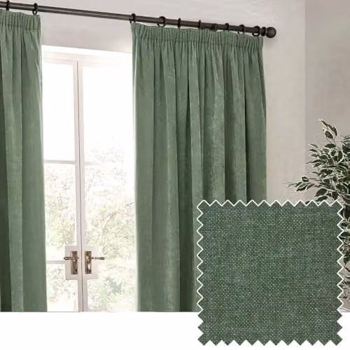Yard Heavy Chenille Velvet Pencil Pleat Curtain Pair in Green, W: 168 cm, H: 229 cm