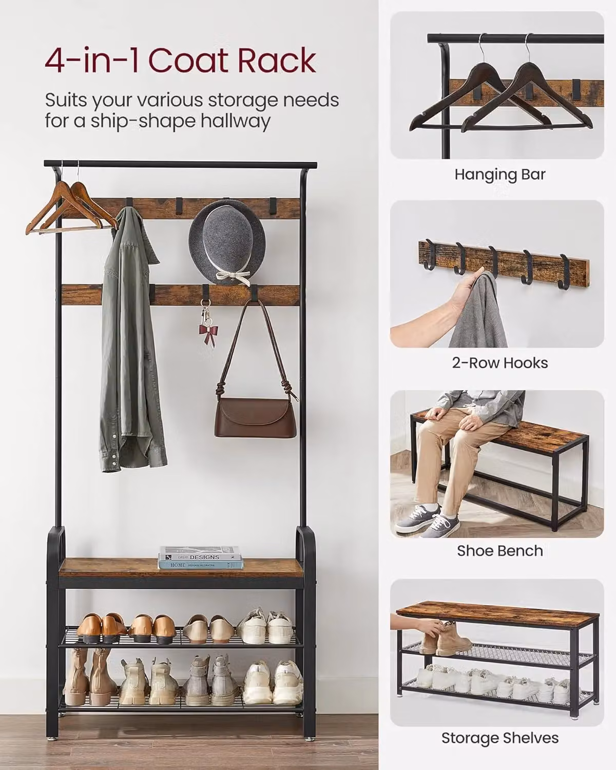 VASAGLE 4-in-1 Industrial Hall Tree with Bench, Coat Rack and Clothes Rail in Brown – 4