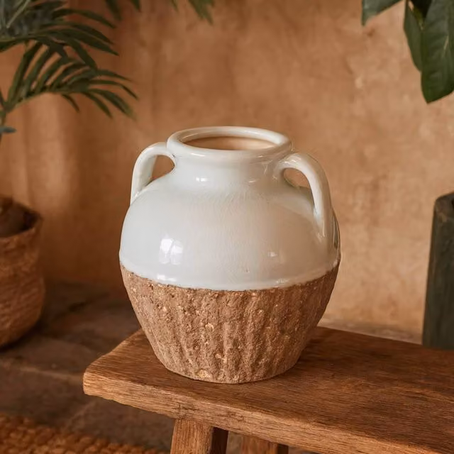 Wyld Haus Stonewild Medium Amphora White and Sand Textured Ceramic Tabletop Vase with Handles, H 22.0 cm x W 21.0 cm x D 21.0 cm – 1