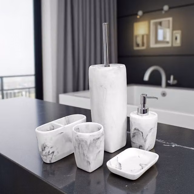 Showerdrape Octavia 5 Piece White Marble and Grey Bathroom Accessory Set with Chrome Finish – 1