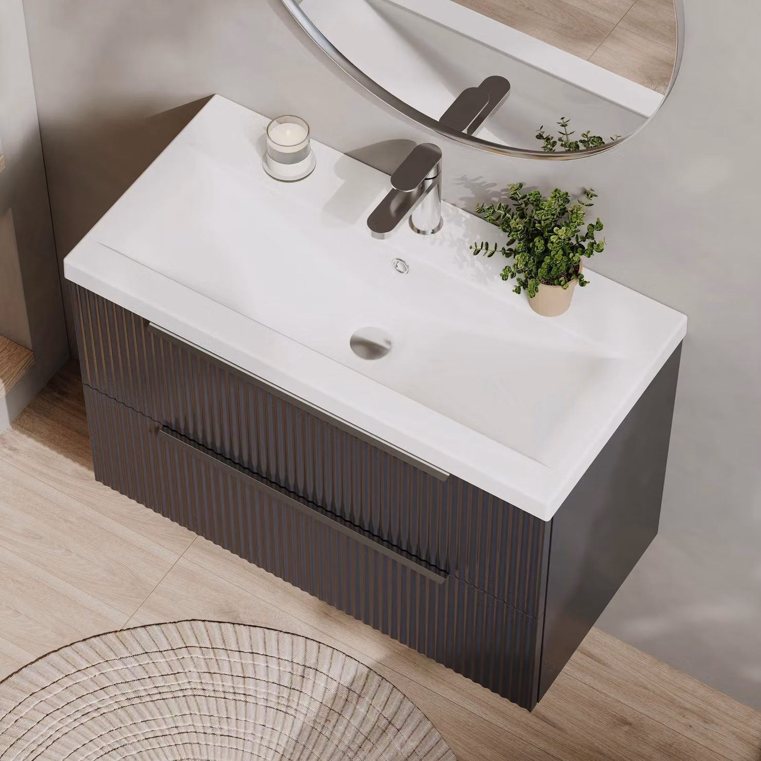 Balterley Fluted Wall Hung 2 Drawer Vanity Basin Unit and Basin, Dark Grey, Width: 80 cm – 3