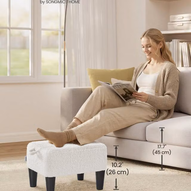 SONGMICS White Bouclé Fabric Rectangular Ottoman Foot Stool, W/D/H: 40 x 32 x 26 cm