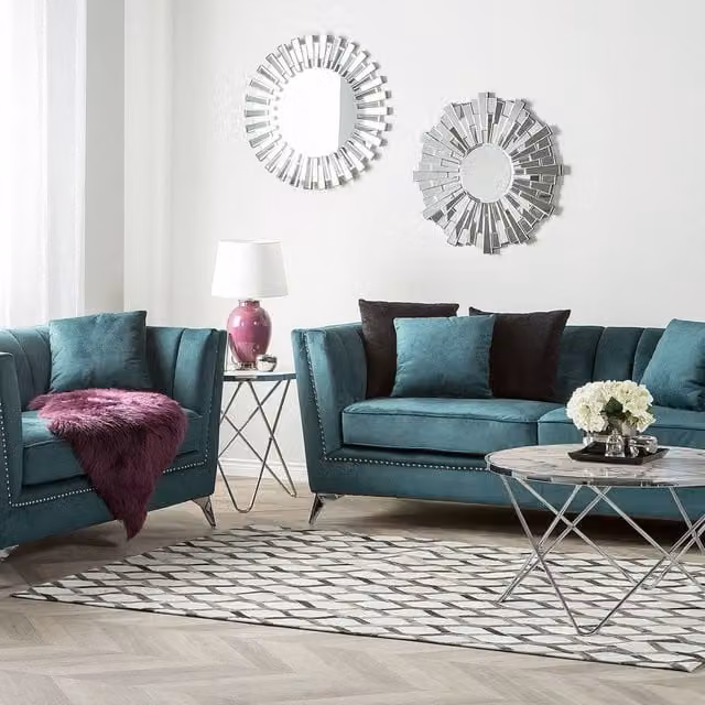 Wyld and Coco Petrol Blue Velvet 2 and 3 Seater Sofa Set with Matching Design and Scatter Cushions – 1