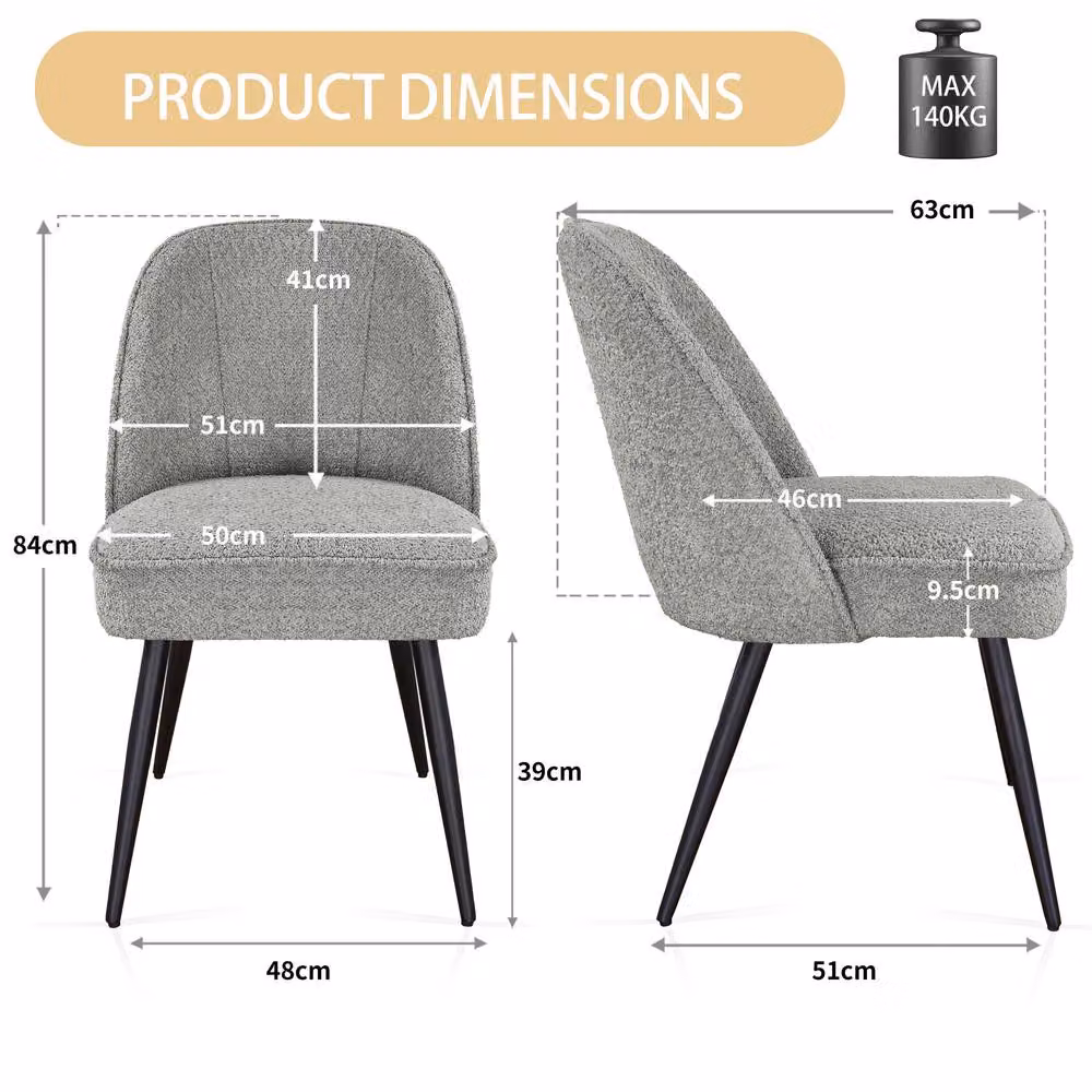 SONARA Set of 2 Modern Grey Bouclé Fabric Dining Chairs with Black Metal Legs – 2