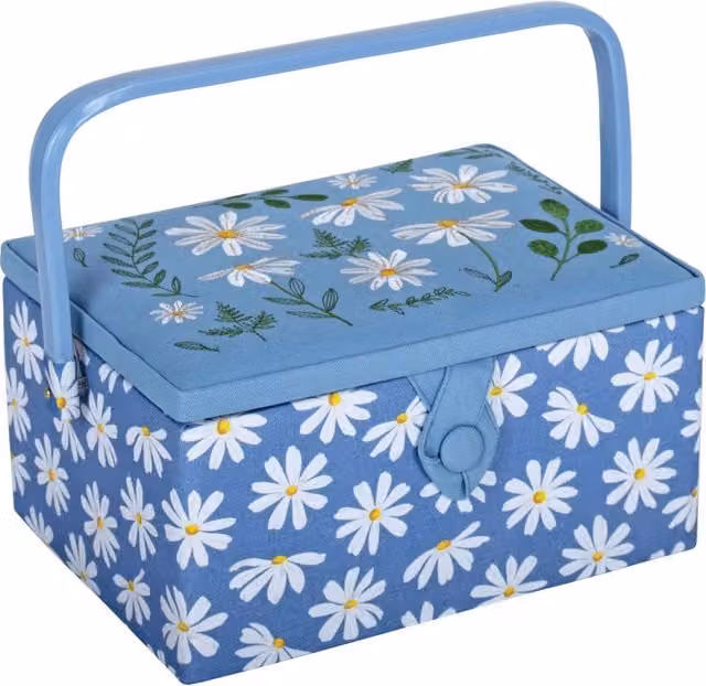 HG Sewing Box with Embroidered Lid in Blue and White Denim Daisies