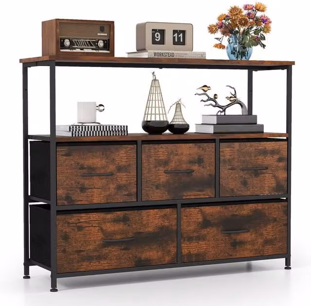 Gymax 5-Drawer Dresser with Open Shelves in Brown Rustic Wood and Metal