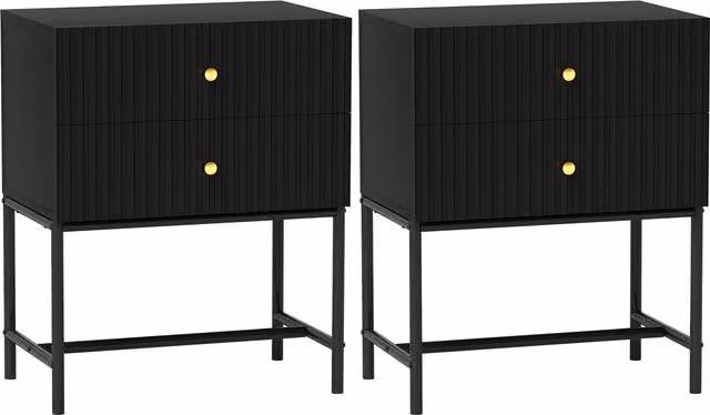 HOMCOM Set of 2 Elegant Two-Drawer Bedside Tables in Black and Gold
