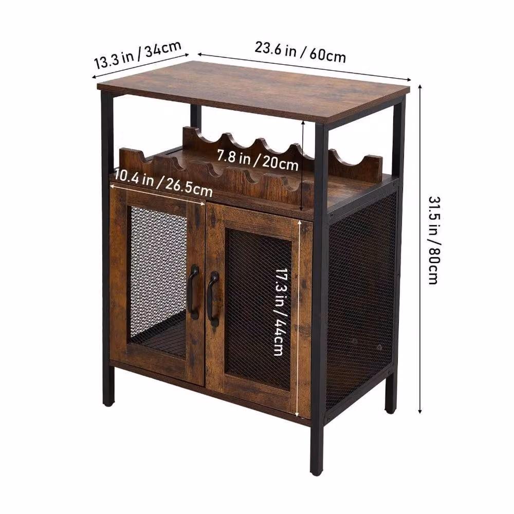 KORVIXA Rustic Industrial Wooden Wine Storage Cabinet with Glass Doors in Brown, W/D/H: 100 x 100 x 100 cm – 2