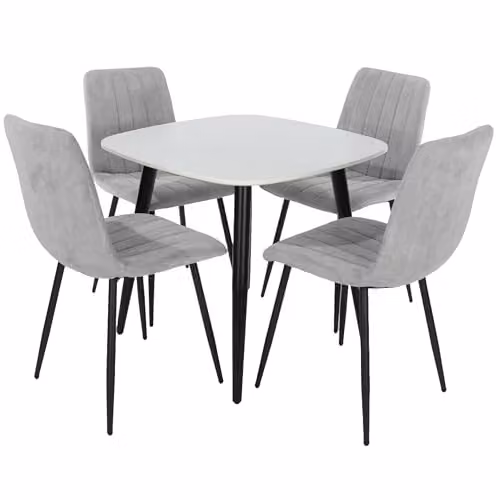 Core Products Aspen Casual Dining Set with Square White Wood Table and Four Light Grey Upholstered Fabric Chairs with Black Metal Legs – 2