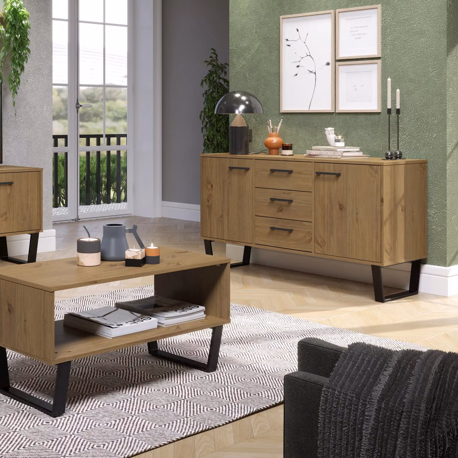 Core Products Texas Small Sideboard with 1 Door and 3 Drawers in Light Brown, H73.6 x W90 x D43 cm – 3