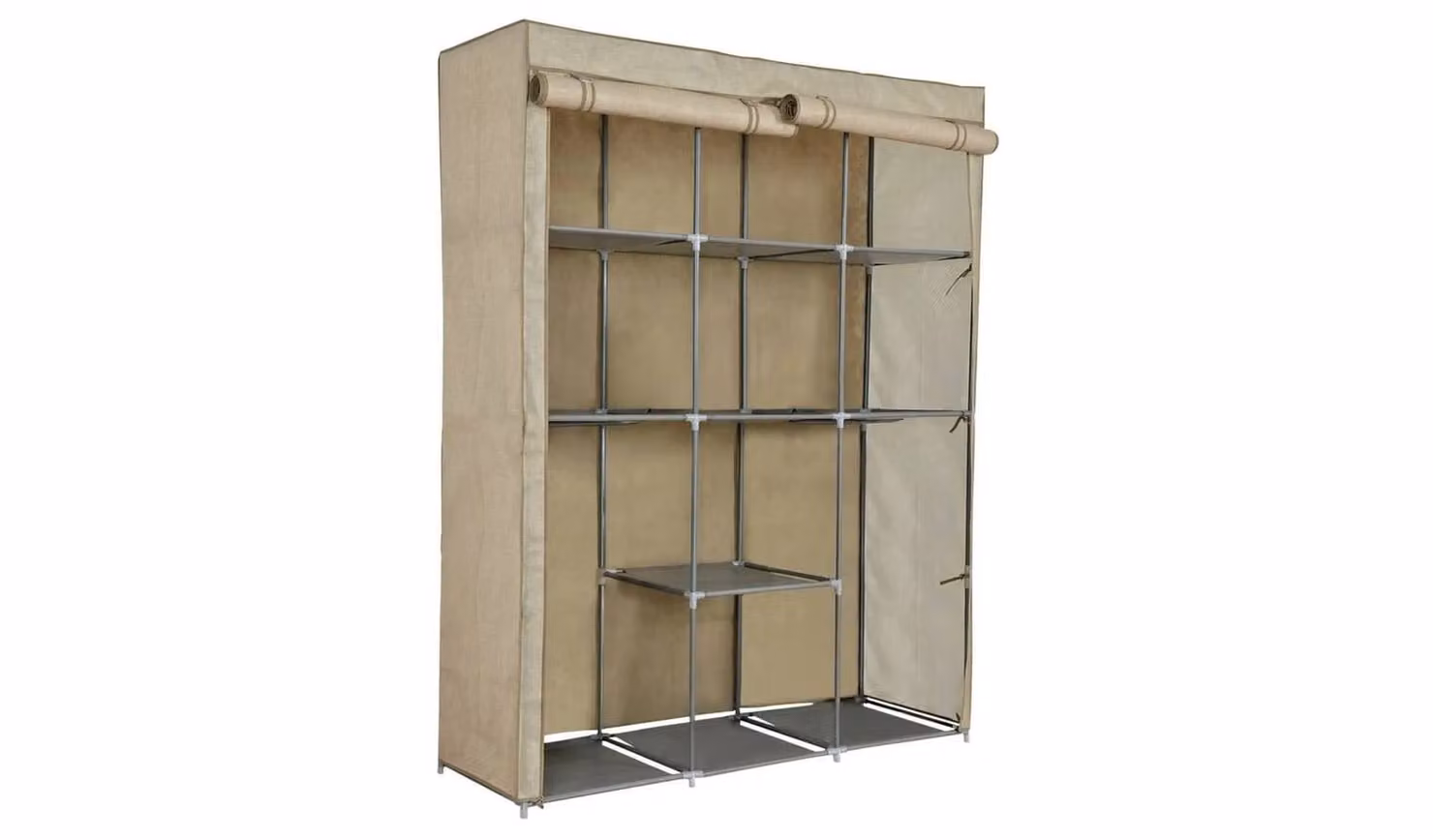 Double Modular Metal Framed Fabric Wardrobe in Jute Brown and Beige for your Bedroom, H 169 x W 132 x D 46 cm