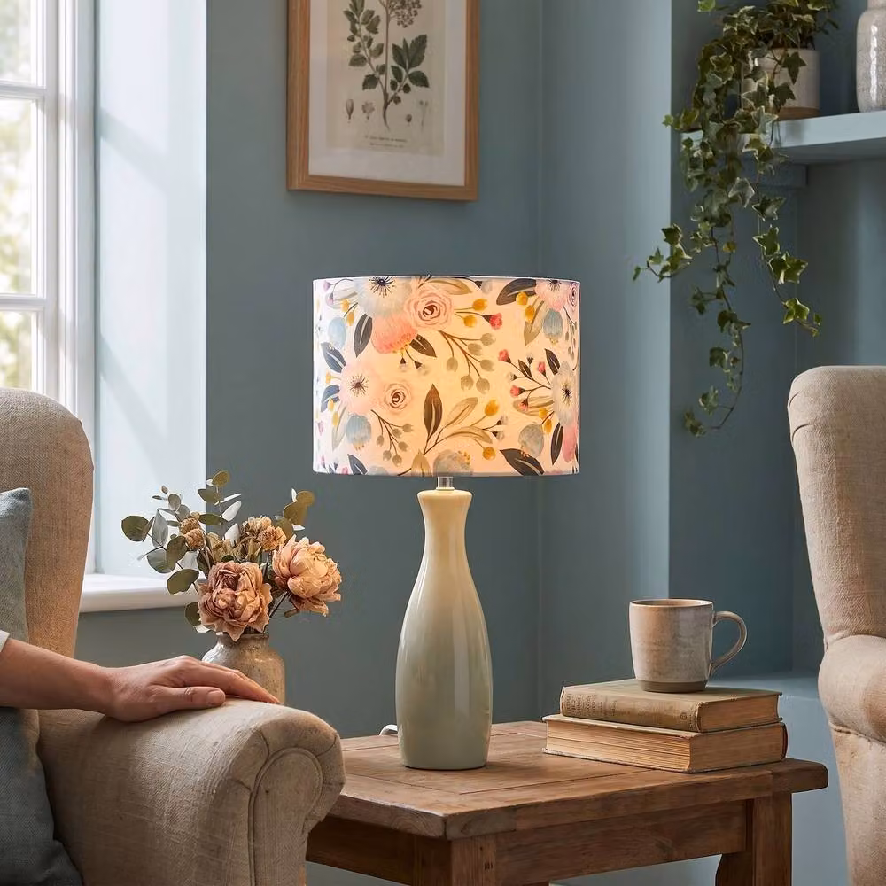 Happy Homewares Pink and Multicolour Floral Cotton Cylinder Lampshade with Shabby Chic Botanical Design – 2