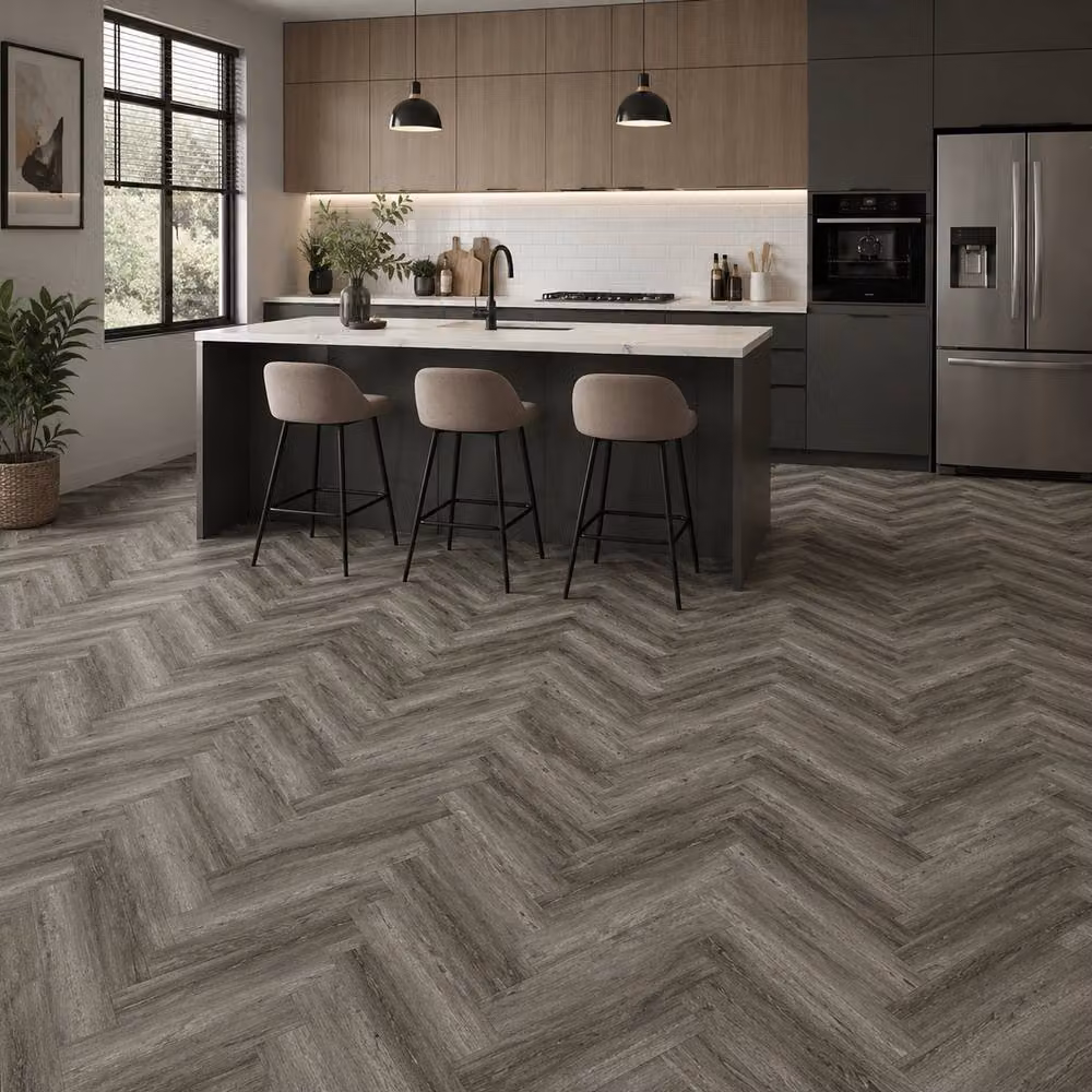 ENER-J Pack of 20 SPC Herringbone Luxury Vinyl Flooring in Grey, 1.72 m2 Coverage, Wood Look Finish, Plank Size: 62.5 x 12.5 cm, Thickness: 6 mm – 2