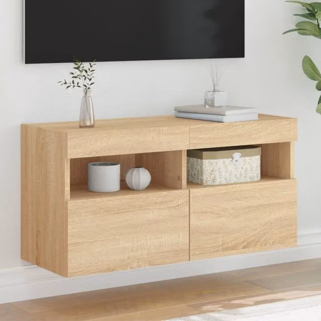Berkfield Home Modern Wall Mounted TV Cabinet with Integrated LED Lights in Sonoma Oak Brown, W/D/H: 80 x 40 x 40 cm