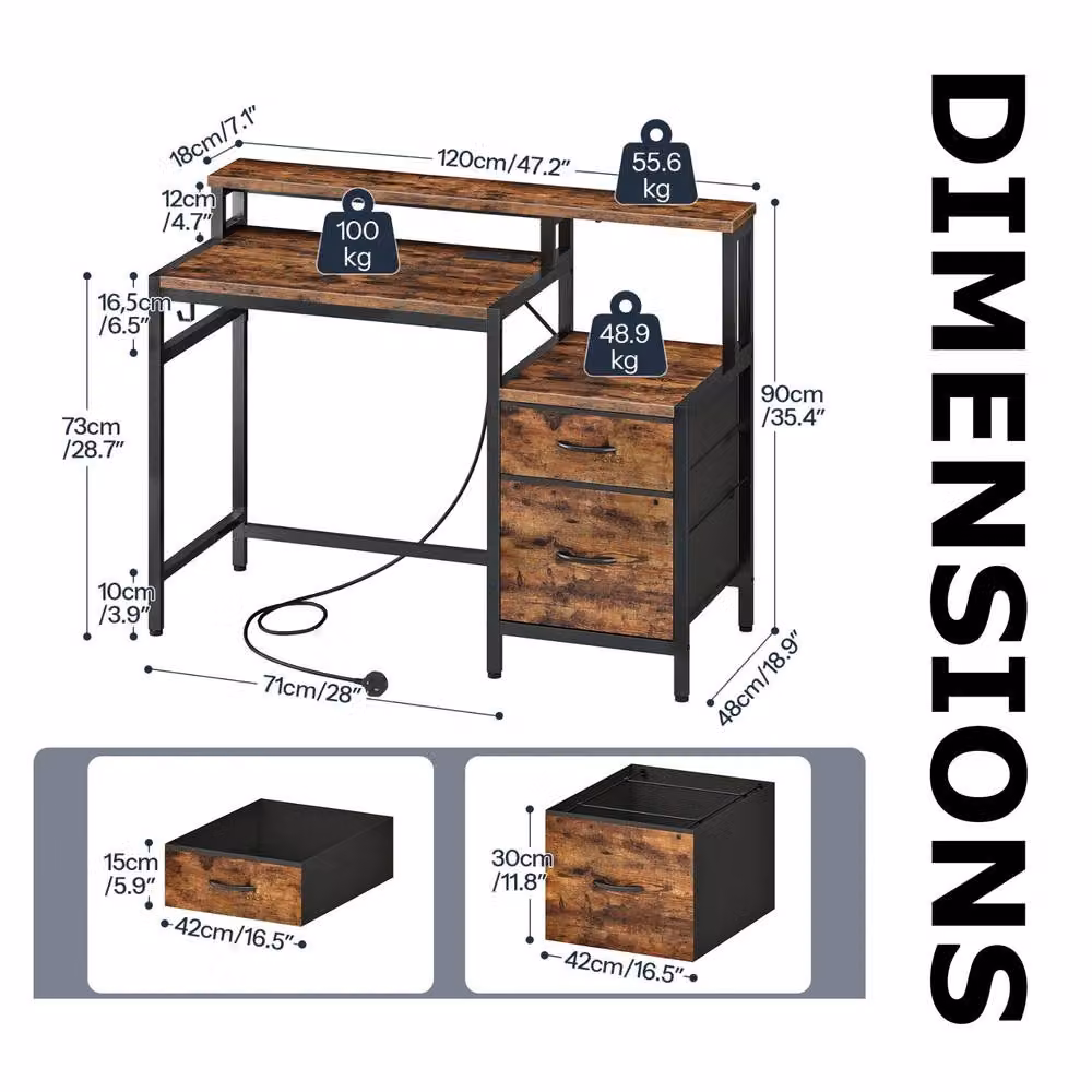 FURNOS Industrial Computer Desk with Drawers, USB Outlets and LED Lights in Brown – 6
