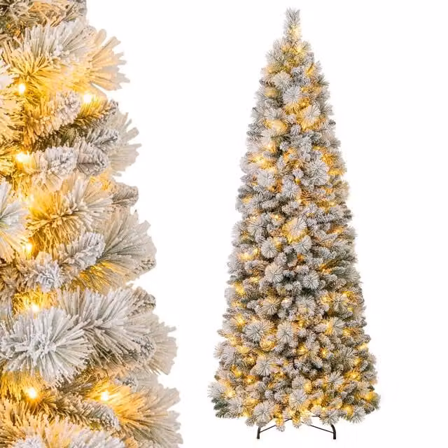 Gymax 210 cm Pre-Lit Snow Flocked Artificial Christmas Tree in White