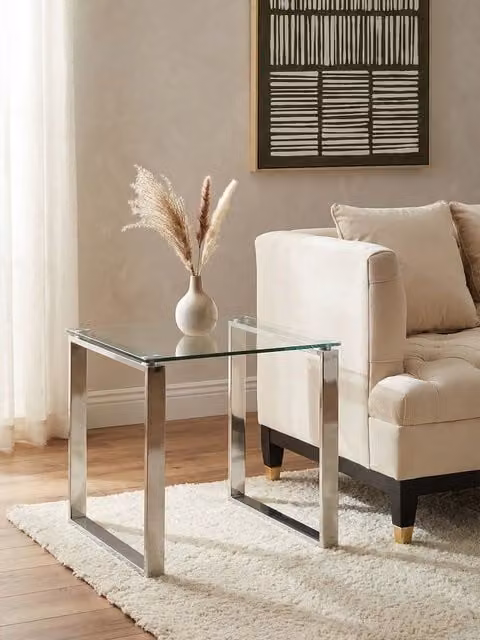 Orsina Minimalist Square Glass Top End Table with Silver Metal Legs, W/D/H: 55 x 55 x 55 cm