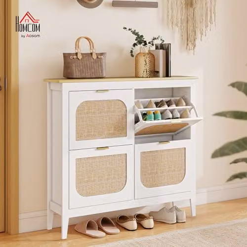 HOMCOM Boho Slim Shoe Cabinet with Rattan Doors, White, Holds 20 Pairs – 2